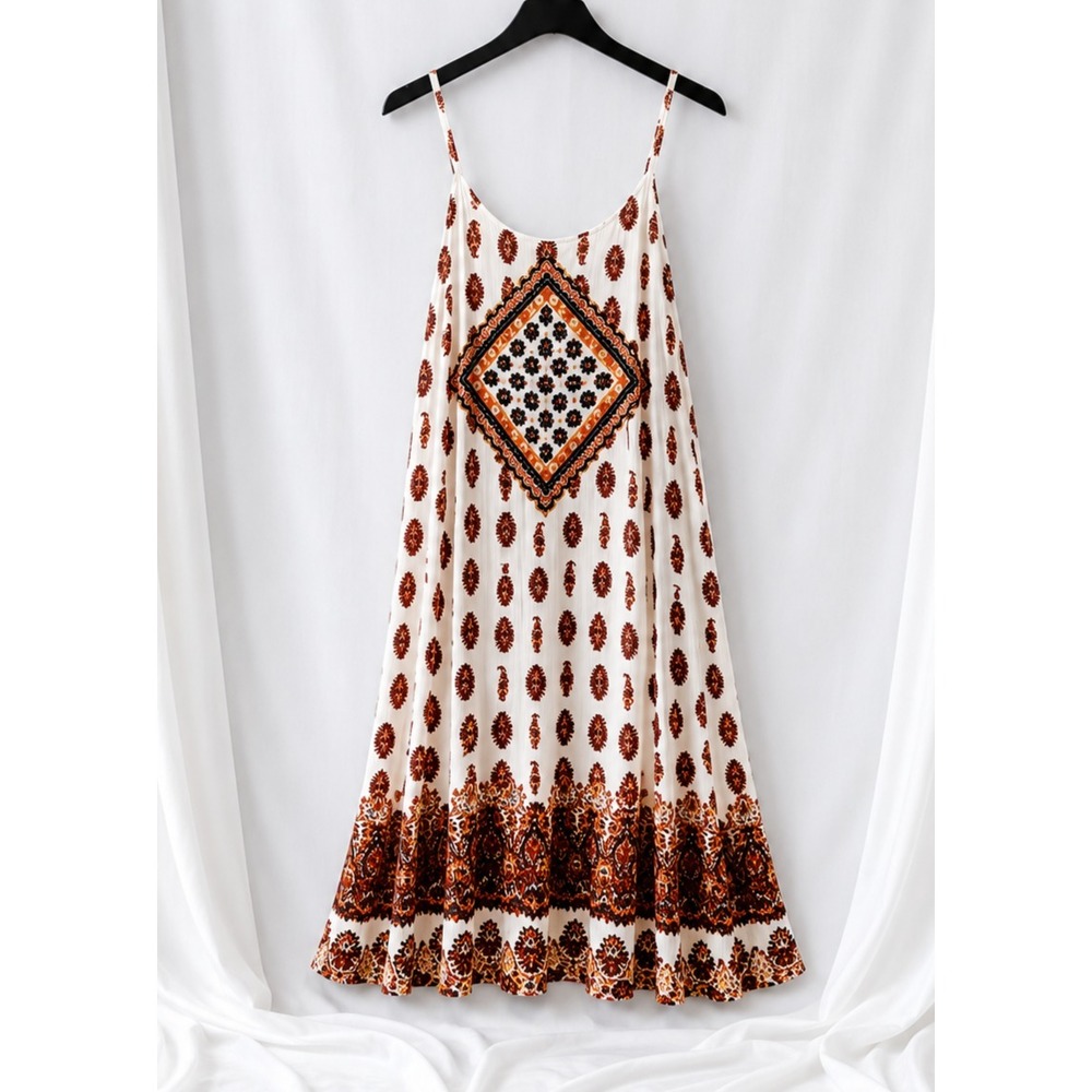 Pinky Boho Swing Dress Womens Small Paisley Print Lined Spaghetti Strap NWT